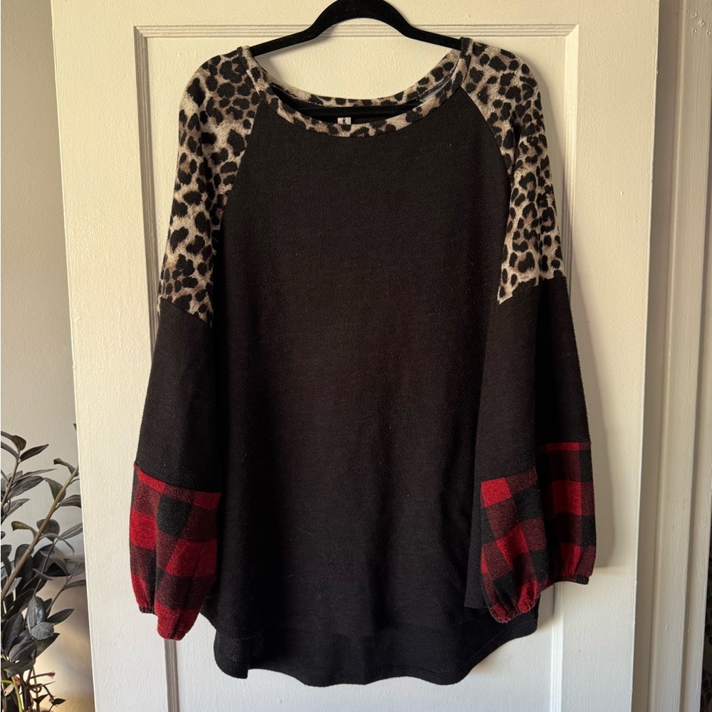 Vanilla Bay Black Pullover with Leopard-Print Trim